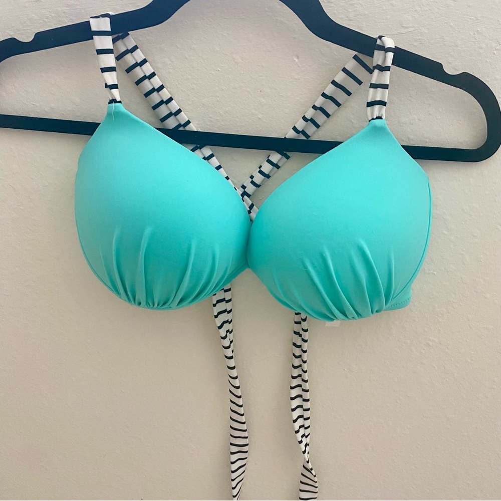 Victoria's Secret Push Up Mint Aqua Bikini Top with Black & White Striped Straps